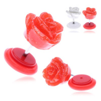 Falešný piercing do ucha z akrylu se třpytivou růžičkou - Barva piercing: Červená