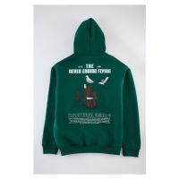 Trendyol Emerald Green Oversize/Wide Cut Hooded Printed Fleece Inside Cotton Sweatshirt