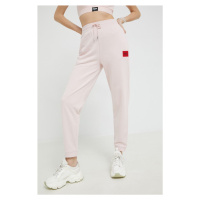 Kalhoty HUGO dámské, růžová barva, hladké