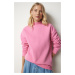 Happiness İstanbul Women's Light Pink High Neck Basic Raised Sweatshirt