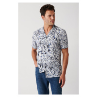 Avva Men's Navy Blue Viscose Cuban Collar Abstract Patterned Short Sleeve Regular Fit Shirt