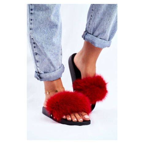 Women's Slides With Natural Fur Red Bushido Kesi