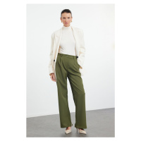 Trendyol Dark Khaki High Waist Wide Leg/Wide Leg Pleated Woven Trousers