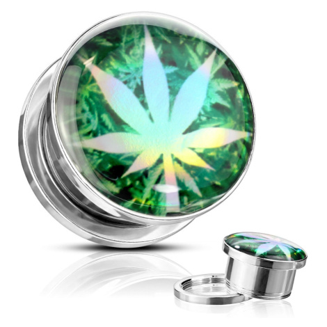 Plug do ucha z 316L oceli - list marihuany na zeleném podkladu, glazura - Tloušťka : 8 mm Šperky eshop