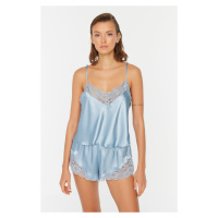 Trendyol Blue Lace Detailed Satin Undershirt-Shorts Woven Pajamas Set