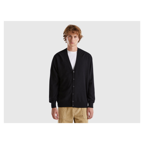 Benetton, Black V-neck Cardigan In Pure Merino Wool United Colors of Benetton