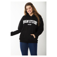 Şans Women's Plus Size Black Inner Raising Embroidery And Hood Detail Sweatshirt