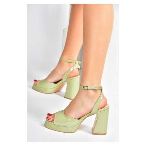 Fox Shoes Green Patent Leather Thick Platform Heels Women's Shoes