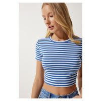 Happiness İstanbul Women's Blue Striped Crop Knitted T-Shirt