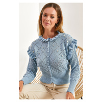 Bianco Lucci Women's Openwork Tricot Cardigan with Ruffles and Pearl Stones.