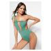 Trendyol Green One-Shoulder Cut Out/Windowed High Leg Swimsuit