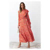 Trendyol Red Floral Lined Ruffle Detailed Belted Woven Dress