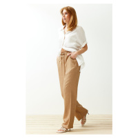 Trendyol Camel Straight Elastic Waist Laced Linen Look Trousers