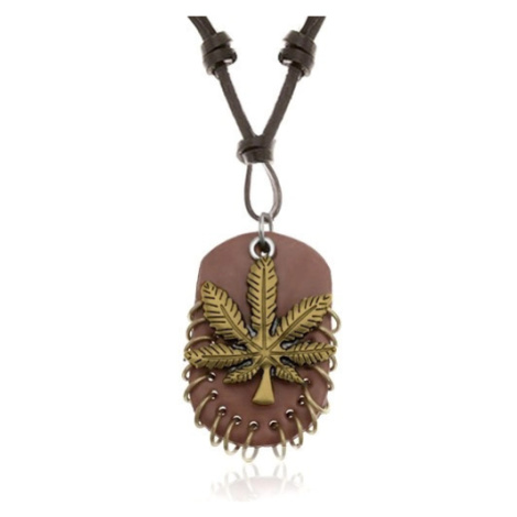 Náhrdelník z umělé kůže, přívěsky - zlatý list marihuany, ovál s kroužky Šperky eshop