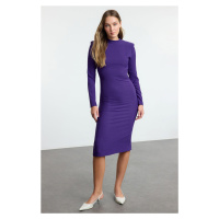 Trendyol Purple Padded Shoulder Detailed Stand Collar Fitted/Fits Body Midi Woven Dress