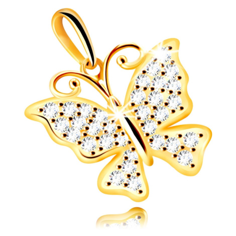 Přívěsek ze žlutého 14K zlata - motýl ozdobený čirými blýskavými zirkony Šperky eshop