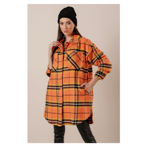 By Saygı Plaid Wool Cachet Long Shirt Orange with Pocket