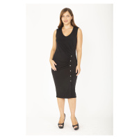 Şans Women's Plus Size Black V-Neck Dress with Small Metal Buttons in the Front