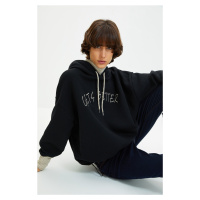 Trendyol Black Thick Fleece Inner Tricot Tape Detailed Hooded Knitted Sweatshirt