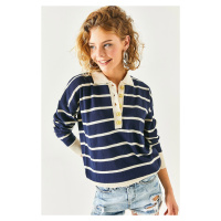 Olalook Women's Navy Blue Gold Buttoned Striped Polo Neck Knitwear Blouse