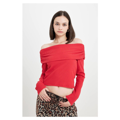 DEFACTO Fitted Off Shoulder Ribbed Camisole Long Sleeve T-Shirt