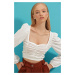 Trend Alaçatı Stili Women's White Square Collar Draped Princess Sleeve Crop Blouse