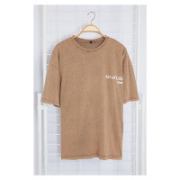 Trendyol Brown Oversize/Wide Cut Faded Effect Text Printed 100% Cotton T-Shirt