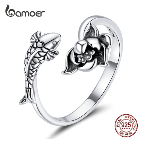 Stříbrný prsten rybička a květinka Koi Lotus LOAMOER