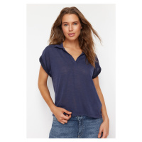 Trendyol Indigo Linen Look Regular/Normal Fit Polo Neck Short Sleeve T-shirt