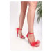 Shoeberry Women's Flores Red Satin Single Strap Heeled Shoes with Bow.
