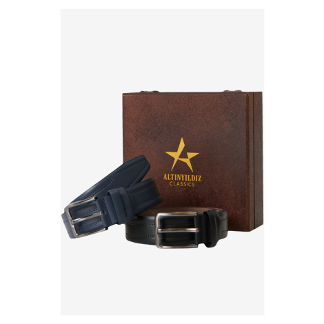 ALTINYILDIZ CLASSICS Men's Black-Navy Blue Special Wooden Gift Box 2-Piece Casual Belt Set Groom AC&Co / Altınyıldız Classics
