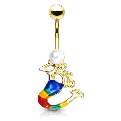 Ocelový piercing do bříška ve zlatém odstínu - mořská panna, syntetická perla bílé barvy Šperky eshop