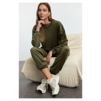 Trendyol Khaki Velvet Crop Flexible Knitted Bottom-Top Set