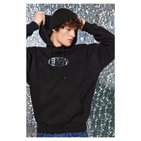 Trendyol Black Oversize/Wide-Fit Hooded Shiny Printed Sweatshirt
