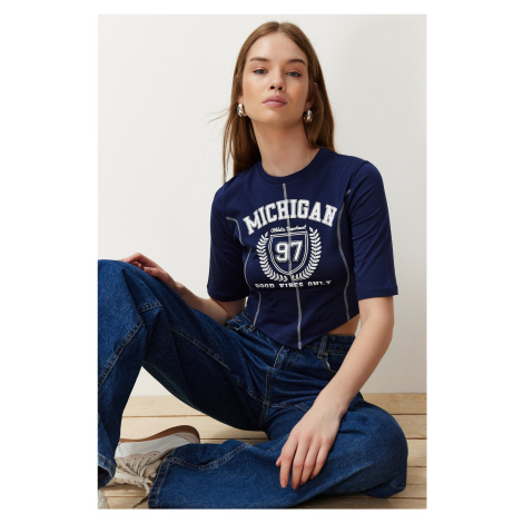 Trendyol Navy Blue 100% Cotton Slogan Printed Sewing Detailed Asymmetric Crop Knitted T-Shirt