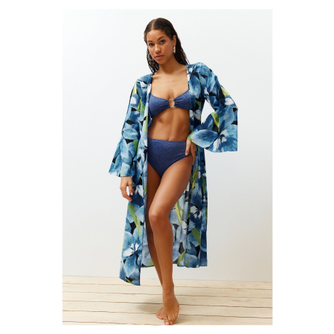 Trendyol Floral Pattern Belted Maxi Woven 100% Cotton Kimono & Kaftan