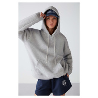 GRIMELANGE Adel Women's Fleece Inside Soft Relaxed Knitted 3 Thread Kangaroo Pocket Hooded Gray 