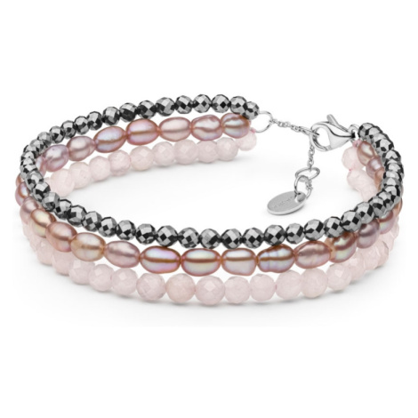 Gaura Pearls Trojitý náramek Florence - terahertz, perla, křemen, stříbro 925/1000 234-110B Růžo