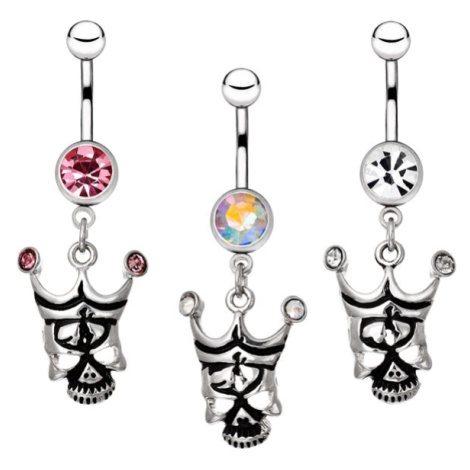 Ocelový piercing do pupíku - lebka s korunou a zirkony - Barva zirkonu: Růžová - P Šperky eshop