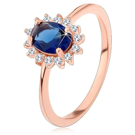 Stříbrný 925 prsten měděné barvy, tmavomodrý oválný zirkon s čirou obrubou Šperky eshop