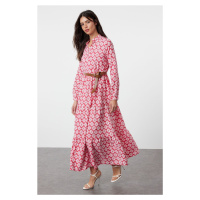 Trendyol Fuchsia Belted Skirt Flounced Floral Patterned Lined Woven Dress