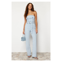 Trendyol Light Blue Belt Strapless Denim Jumpsuit