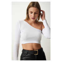 Happiness İstanbul Women's White Single Sleeve Ribbed Crop Knitted Blouse