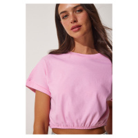 Happiness İstanbul Women's Pink Crop T-Shirt with Elastic Waist