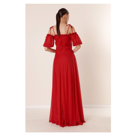 By Saygı Červený límec Plisovaný Balónový rukáv lemovaný stříbřitě dlouhé šaty