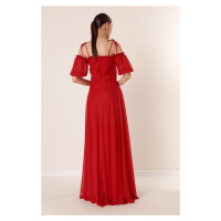 By Saygı Červený límec Plisovaný Balónový rukáv lemovaný stříbřitě dlouhé šaty