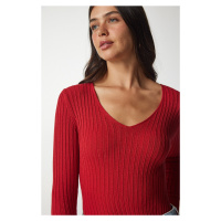 Happiness İstanbul Women's Red Basic Corduroy V-neck Blouse