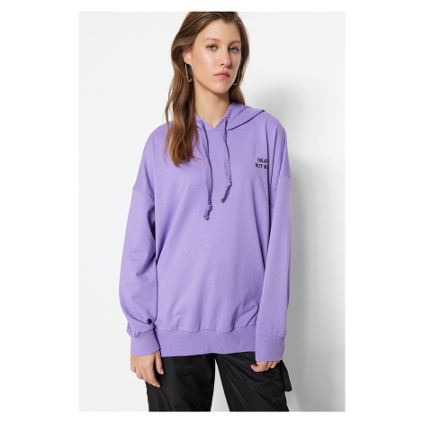 Trendyol Purple Wide fit Oversize Knitted Embroidery Detail Hooded Sweatshirt