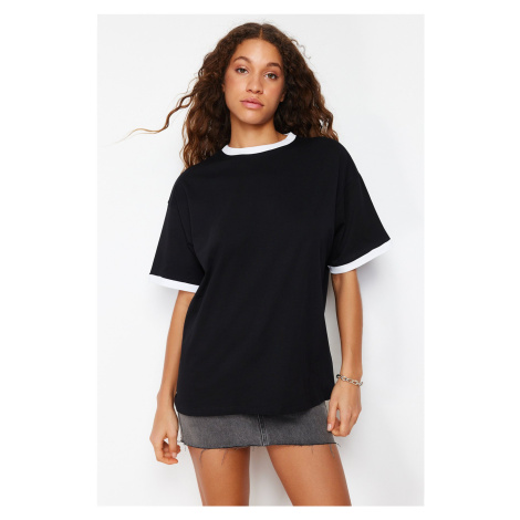 Trendyol Black 100% Cotton Contrast Collar and Stripe Detailed Oversize/Relaxed Cut Knitted T-Sh