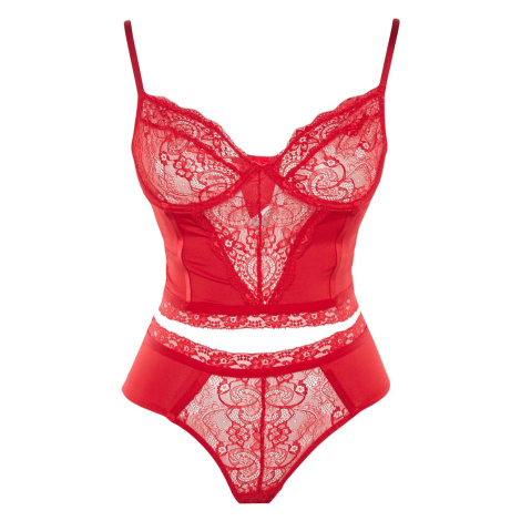 Trendyol Curve Red Lace Detailed Bustier-Panties Underwear Set